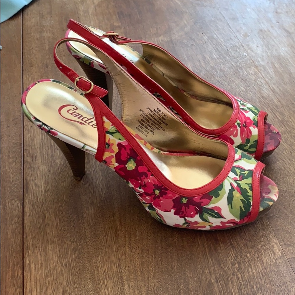 Candies sling back, open toe floral heel